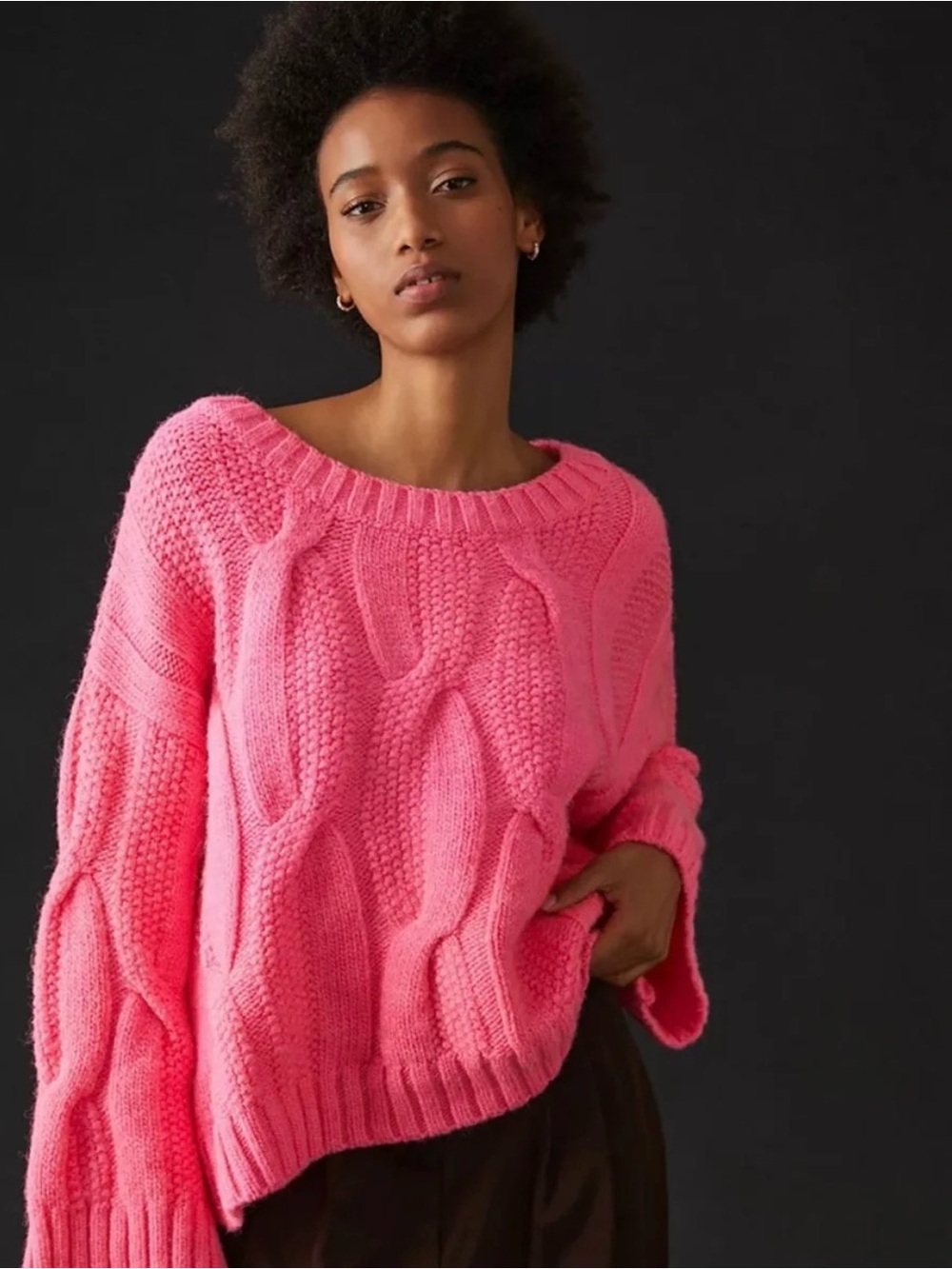 NWT Anthropologie Maeve Cozy Cable-Knit Hot Neon Pink Sweater Size Small